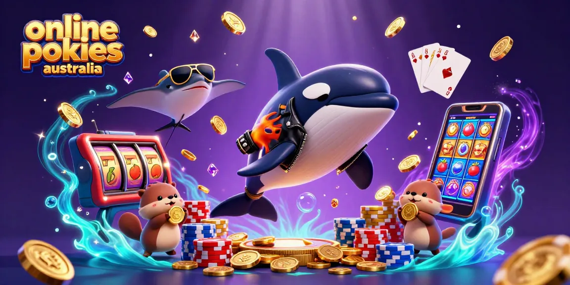 Experience thrilling online pokies Australia with an orca in leather flying through dazzling gold coins and slots.