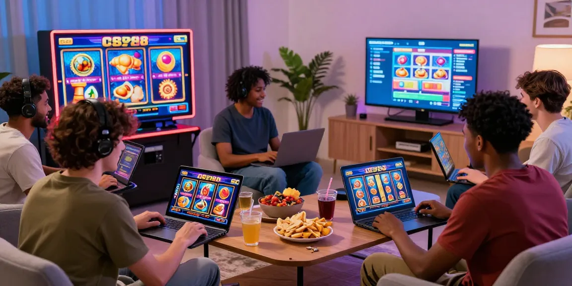 Engaged players enjoying slot88 games in a cozy living room, showcasing modern slot machine graphics and animations.