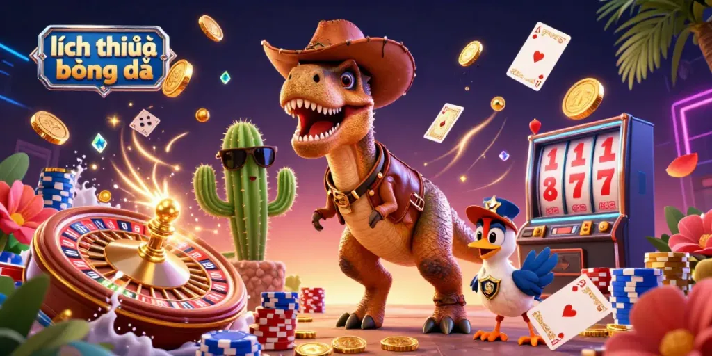 Experience exciting lịch thi đấu bóng đá with a cowboy T-Rex alongside sparkling casino elements.