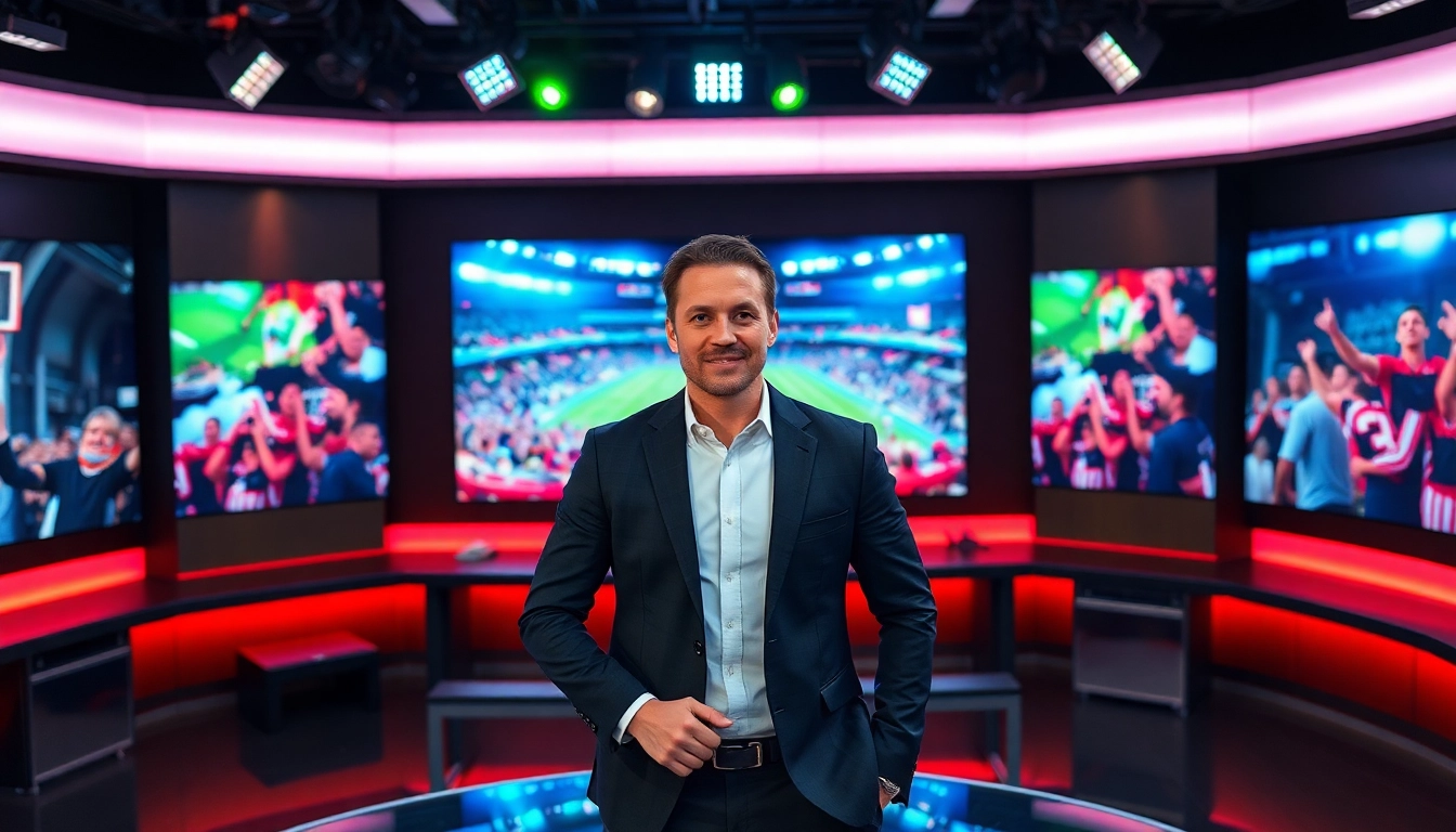 Engaging scene of sports broadcasting with a confident anchor presenting game highlights.