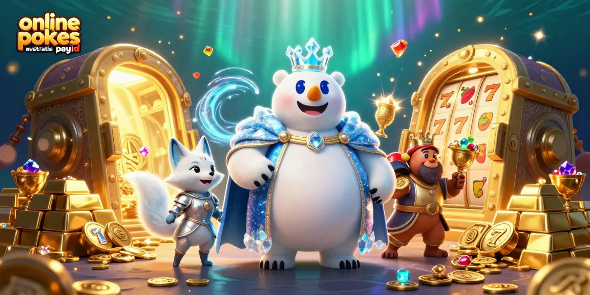 Experience the excitement of online pokies Australia PayID with a vibrant casino illustration showcasing polar characters.