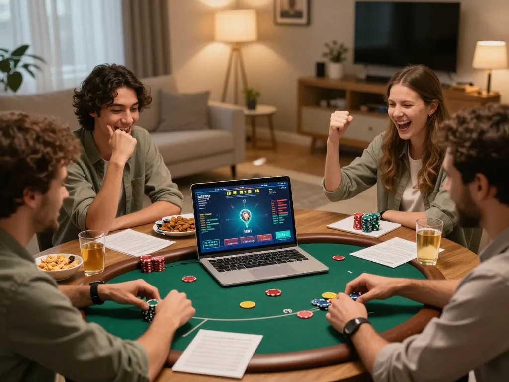 Friends celebrating a win while playing online poker in a cozy home setting with MB66 gaming atmosphere.
