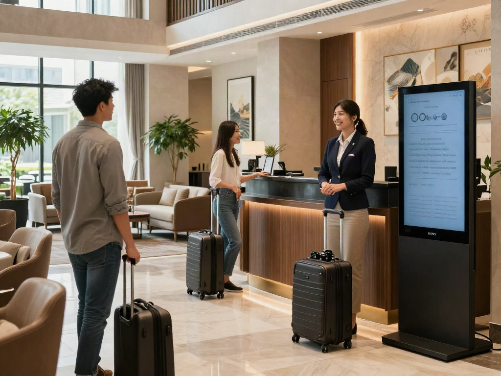 Welcoming scene at Carter Hotel's lobby featuring rokok88 service with elegant decor and smiling staff.