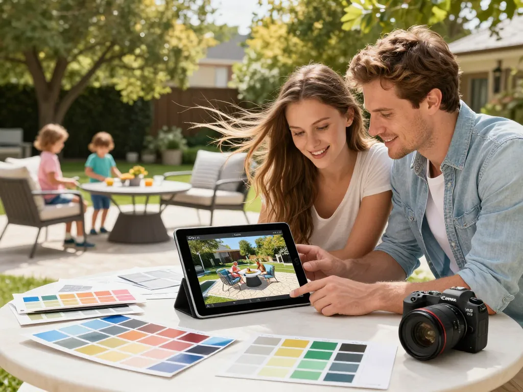 Family using configuratore 3D outdoor to design their dream patio with vibrant colors and comfortable furniture.
