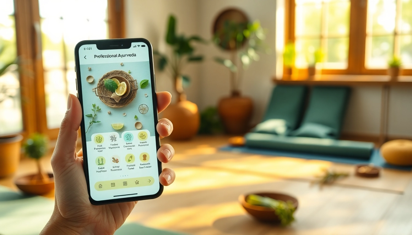 Engaging Ayurveda Mobile App interface shown in a relaxed setting promoting holistic wellness.