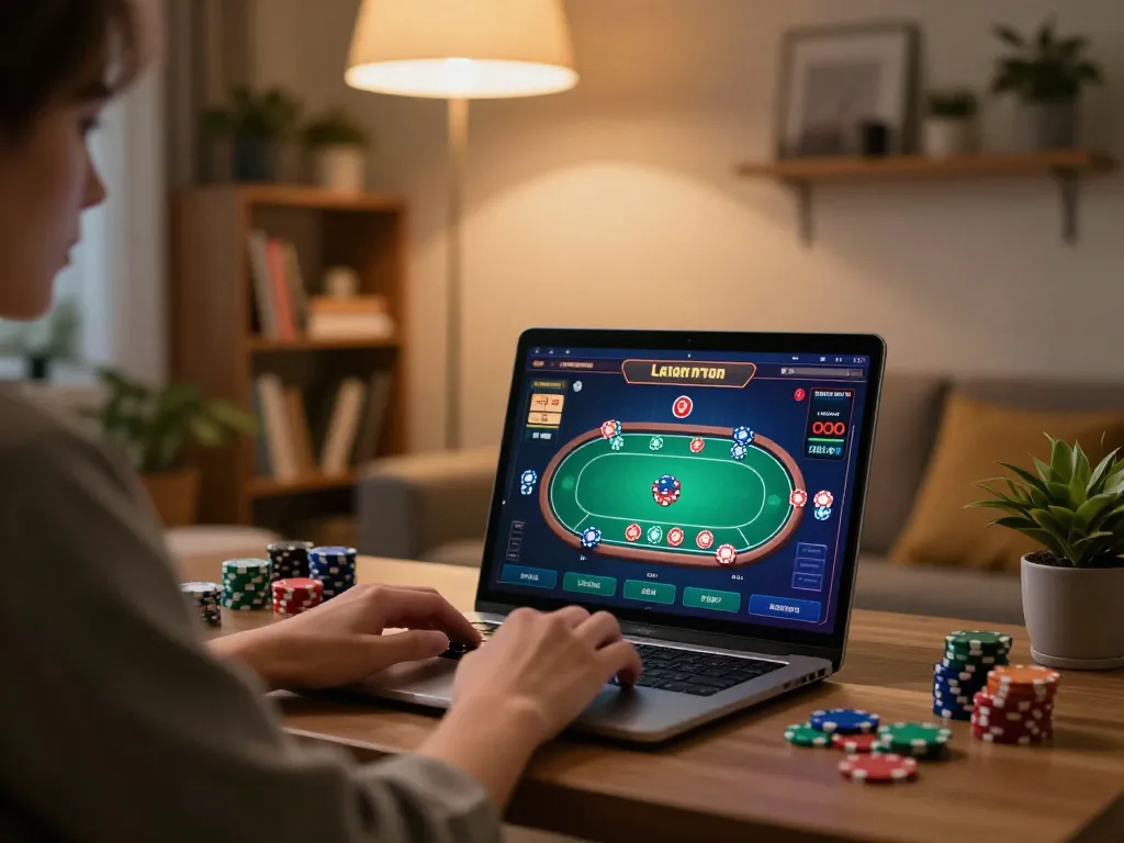 Player engaging at TG88 online casino, vibrant poker interface showcased on laptop screen.