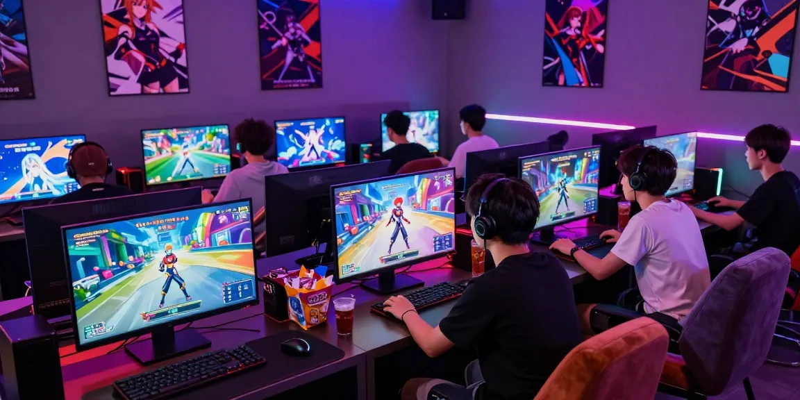 Group enjoying a thrilling hentai game session in a vibrant gaming lounge with anime visuals and engaging atmosphere.