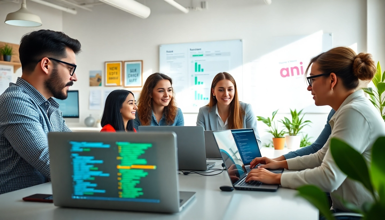 Collaborative environment showcasing AI Software development with diverse team members engaging in discussion.