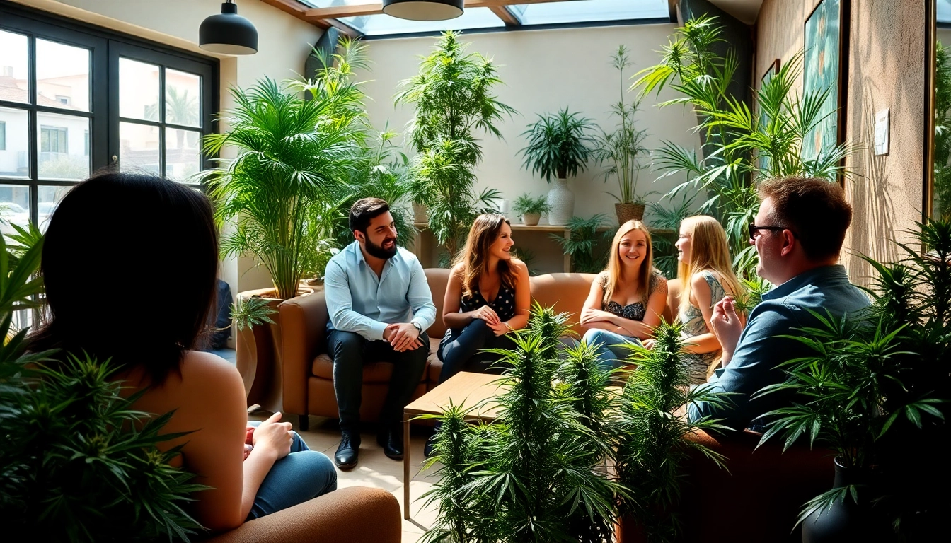 People enjoying a vibrant cannabis shop association Lloret de Mar in a cozy lounge setting.